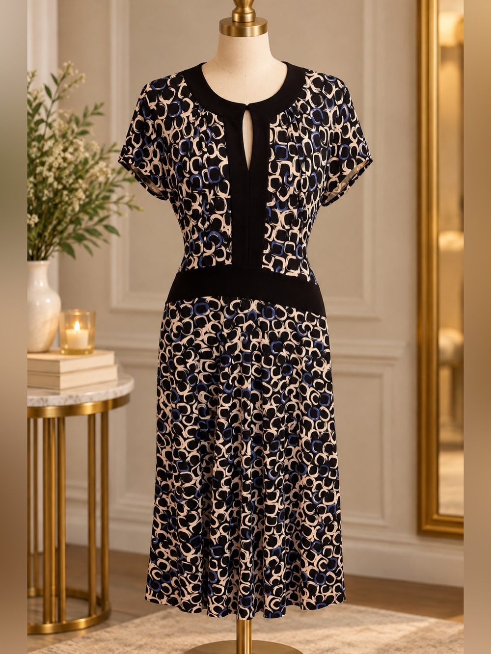 karin stevens Black, Blue & Cream Geometric V-Neck Dress